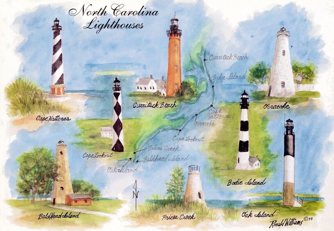 Postcard Featuring Eight North Carolina Lighthouses.