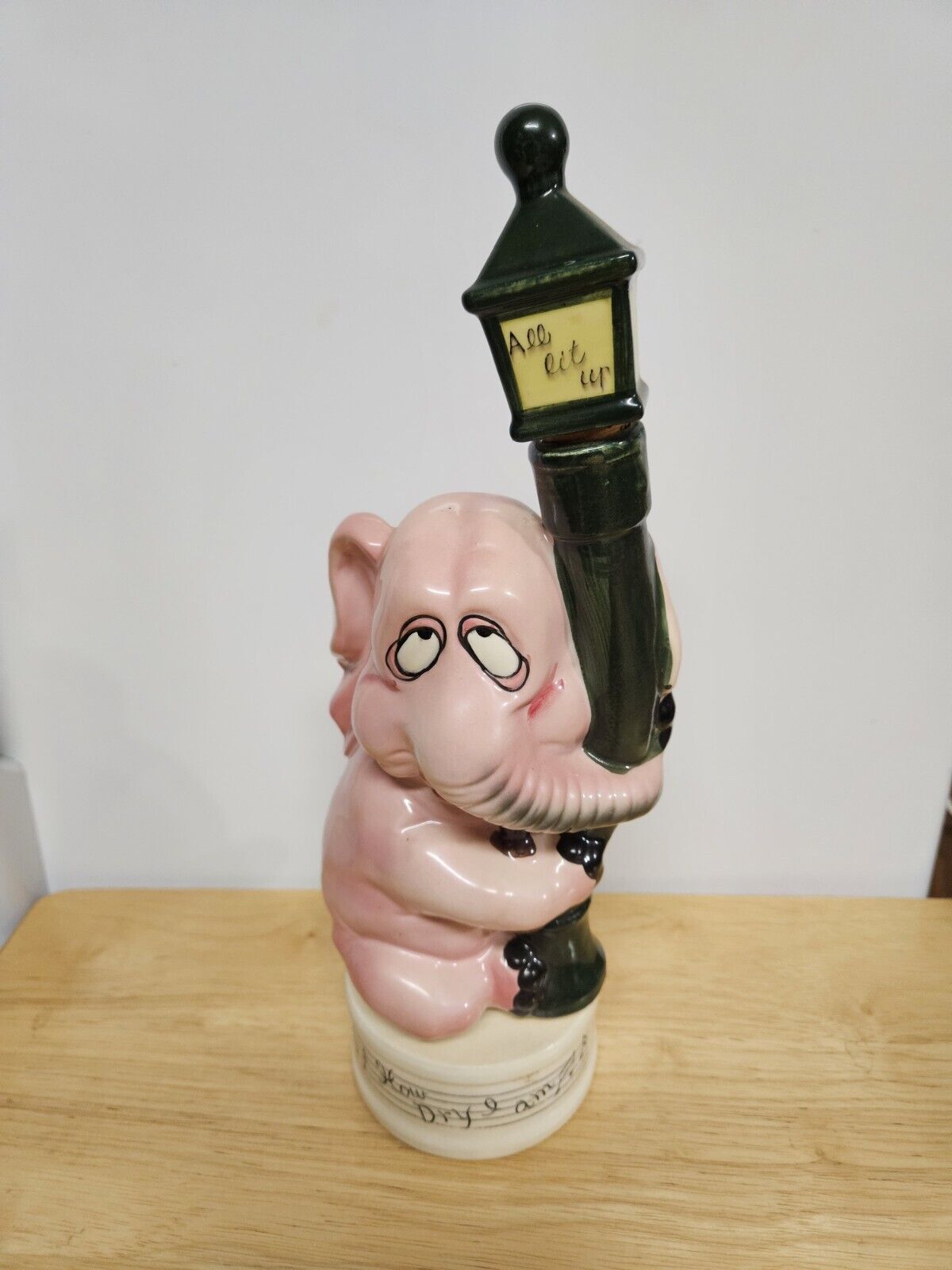 1950s Vintage Drunk Pink Elephant Windup Musical Ceramic Liquor Decanter Empty 