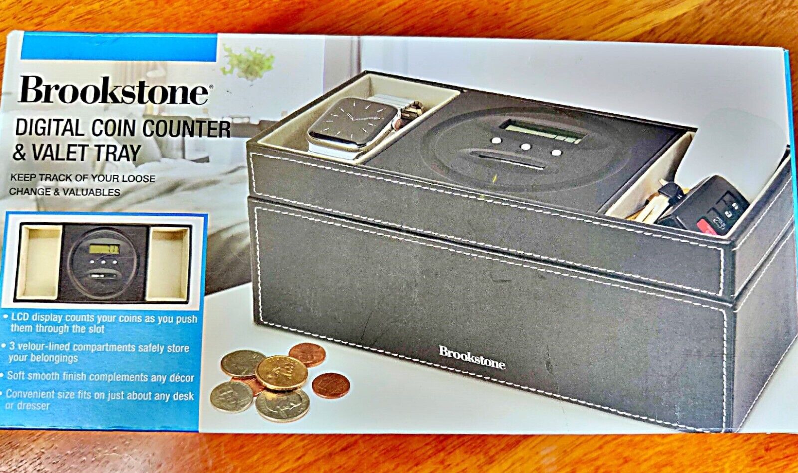 Brookstone LCD Digital Coin Counter Dresser DESK Bank W/Valet Tray New in box