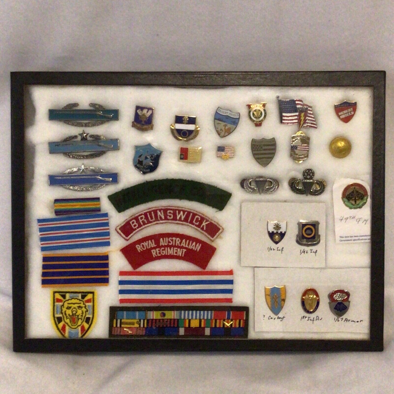 Vintage Original Framed 16”x12” Service Pins, Patches, & Service Bar Collection