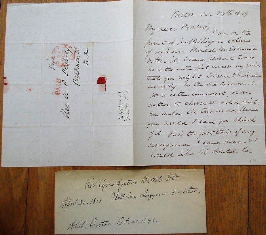 CYRUS AUGUSTUS BARTOL 1849 ALS Autograph Letter Signed, Unitarian Author, Clergy
