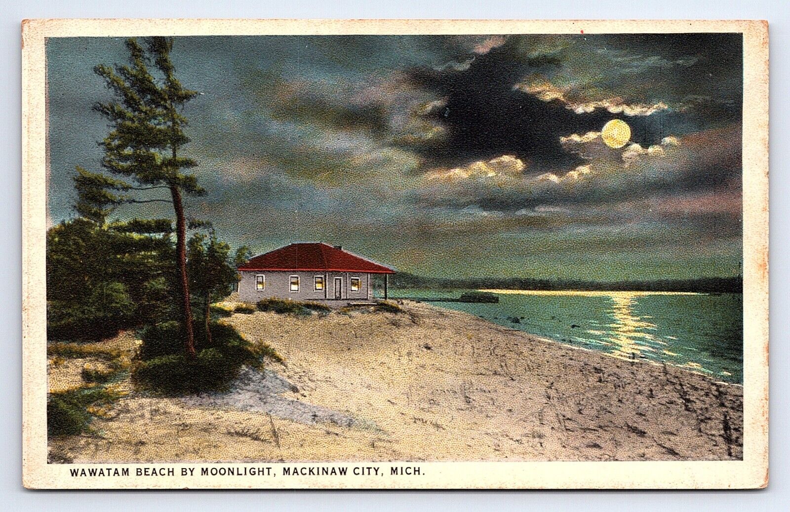 Postcard Wawatam Beach by Moonlight, Mackinaw City Michigan MI