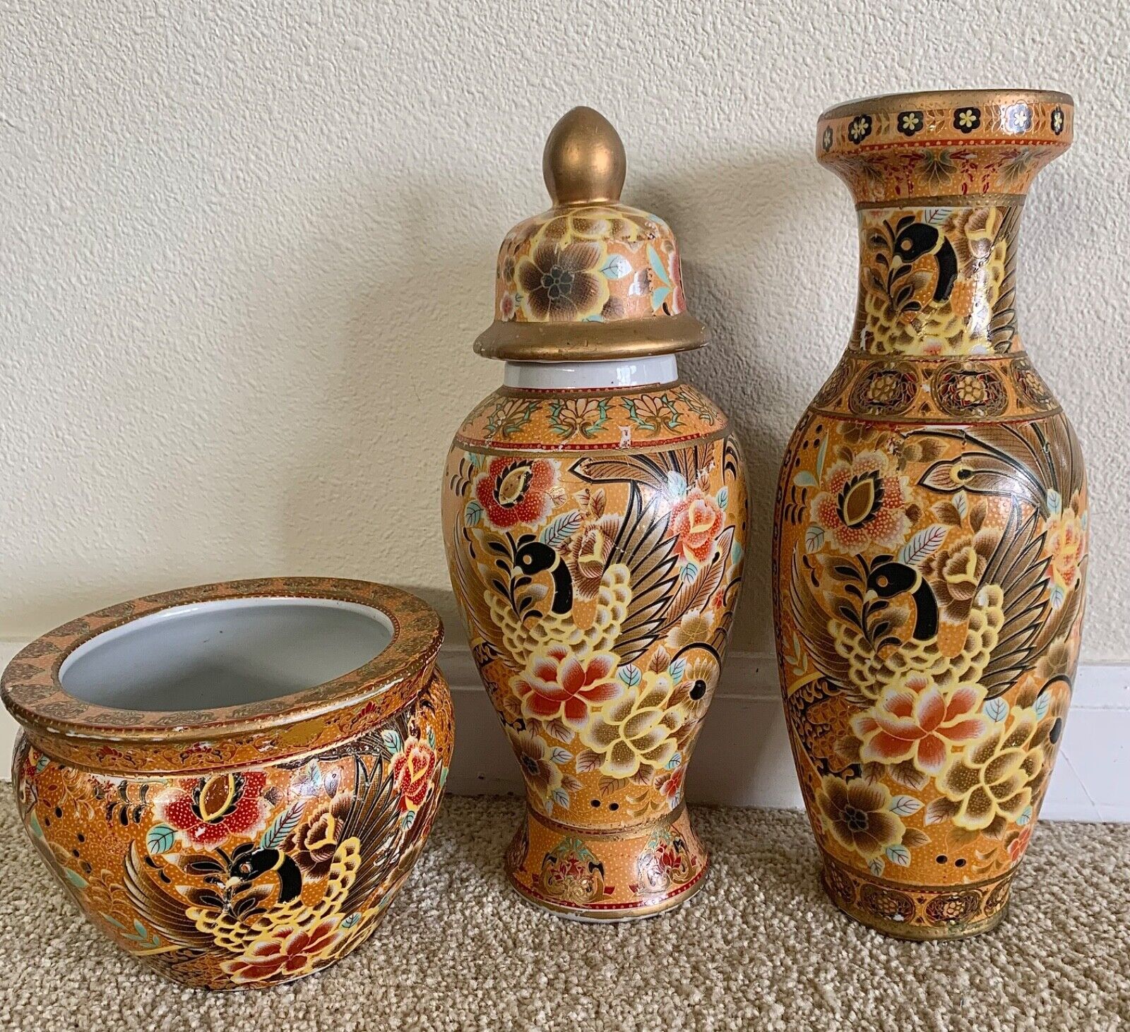 Antique Chinese Satsuma Style Porcelain Vase, Urn and Fish Bowl/Planter set