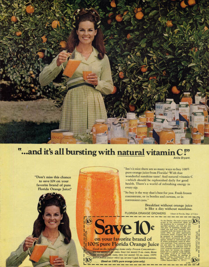 Bursting with natural Vitamin C: Anita Bryant for Florida Orange Juice d 1970
