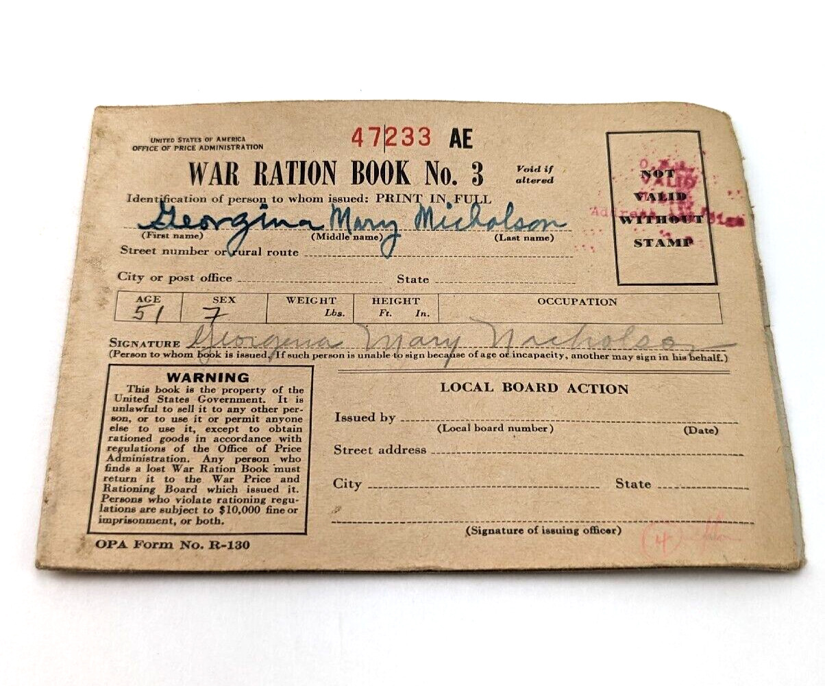 Vintage WW2 War Ration Book Three OPA Form R-130 & Stamps Nicholson MI 1943 #1W