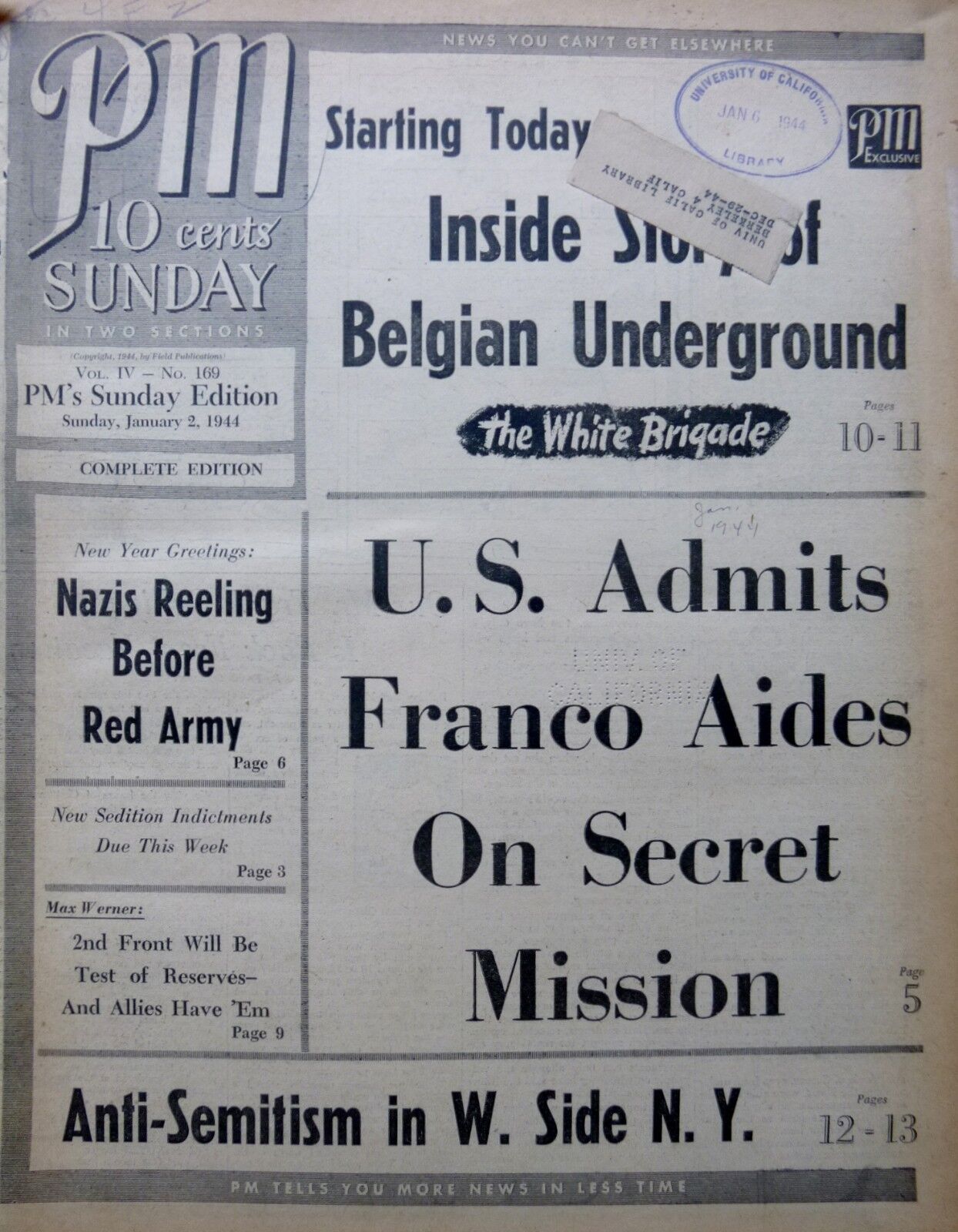 1-1944 WWII January 2 BELGIAN UNDERGROUND - ANTI-SEMITISM W.SIDE N.Y.- FRANCO PM