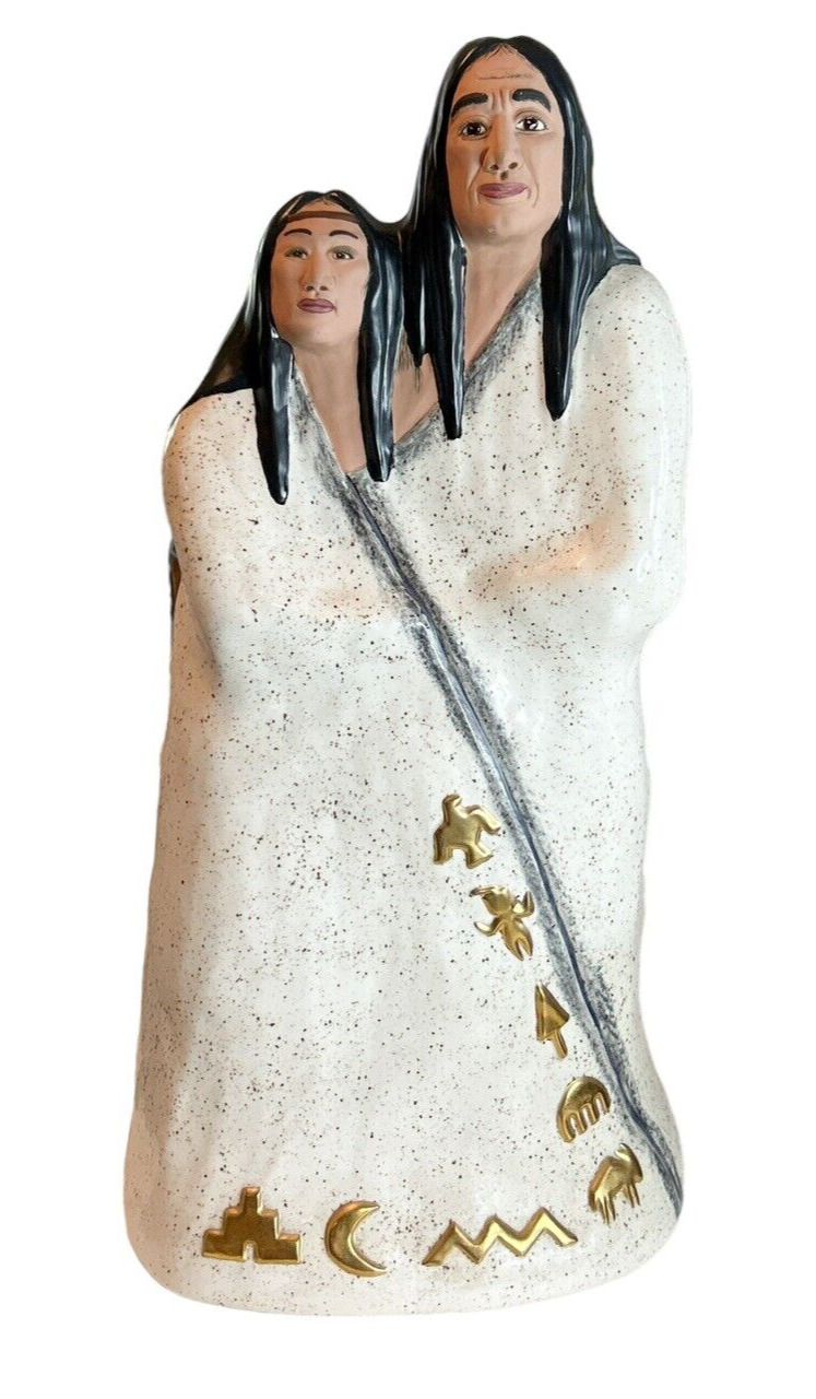 VTG Native American Ceramic Women Man Gold Symbols Statue Speckled 26\