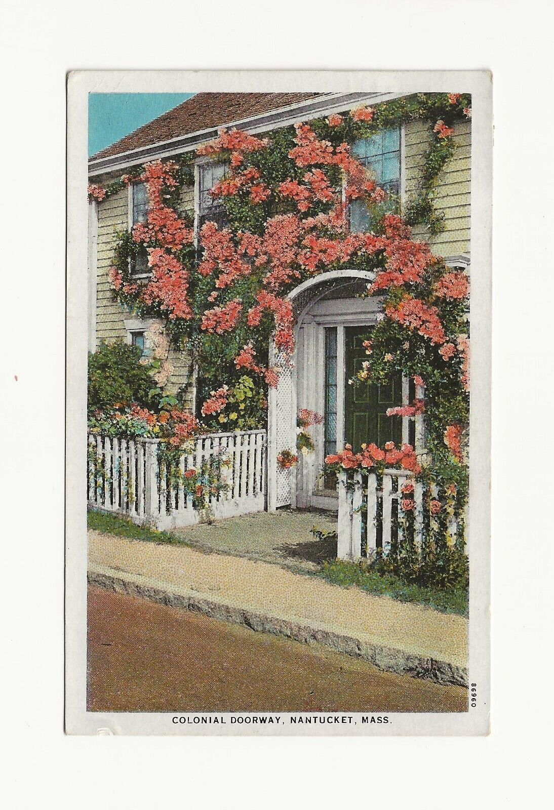 Vintage Postcard ** COLONIAL DOORWAY ** NANTUCKET MA **  CLIMBING ROSES?
