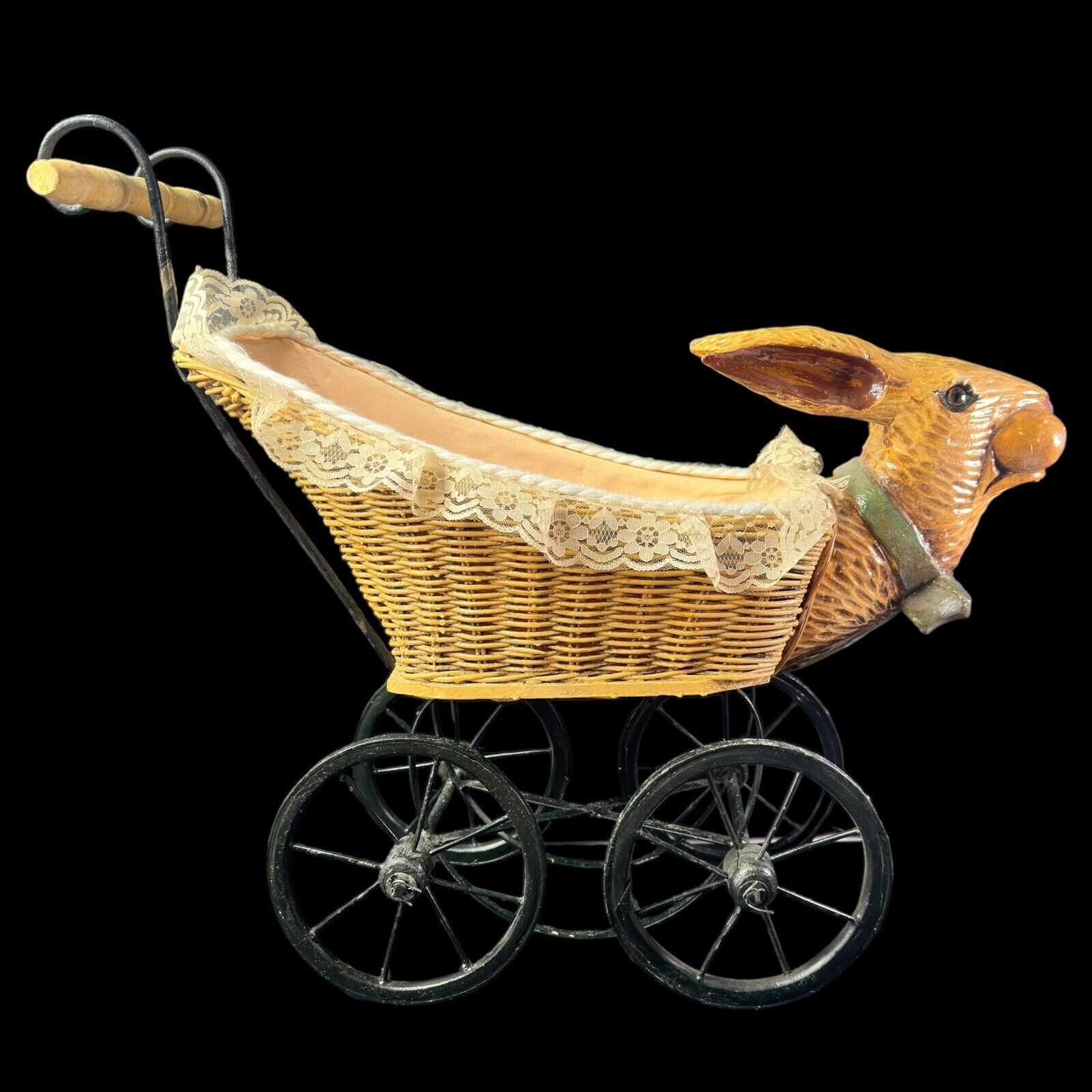 Vintage Pram Bunny Rabbit Baby Carriage - Carved Wood Head and Handle