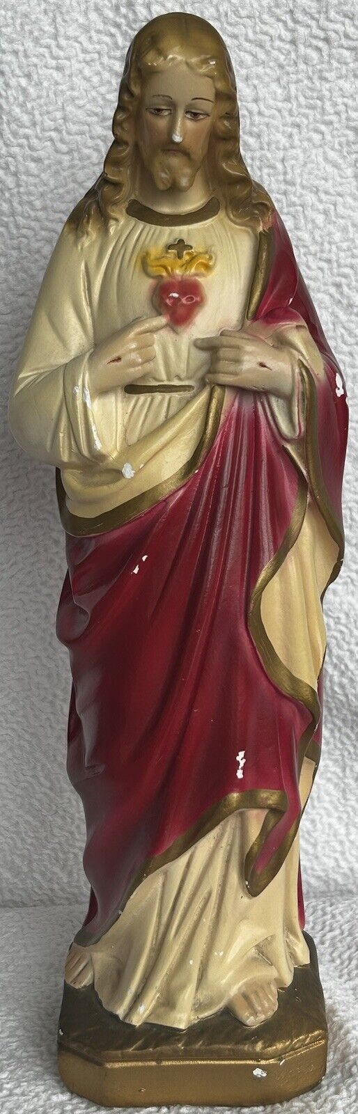 The Most Sacred Heart Of Jesus 880 Chalkware Figure 12 3/4” x 3 1/4” 1950s