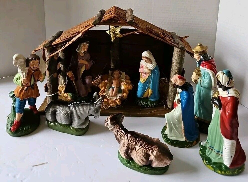 Vintage 10 Piece Nativity Scene Set Original Japan Plastic Figures Wood Stable
