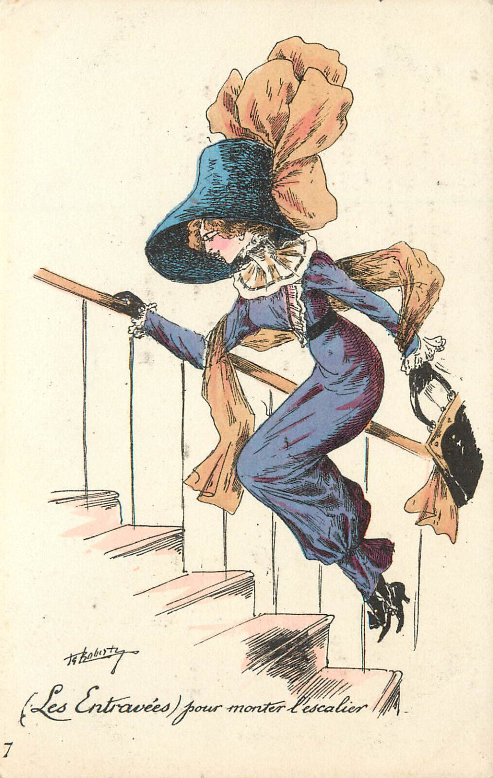 French Postcard Hobble Skirt Woman Hindered Climbing Stairs Hand Colored Jorel