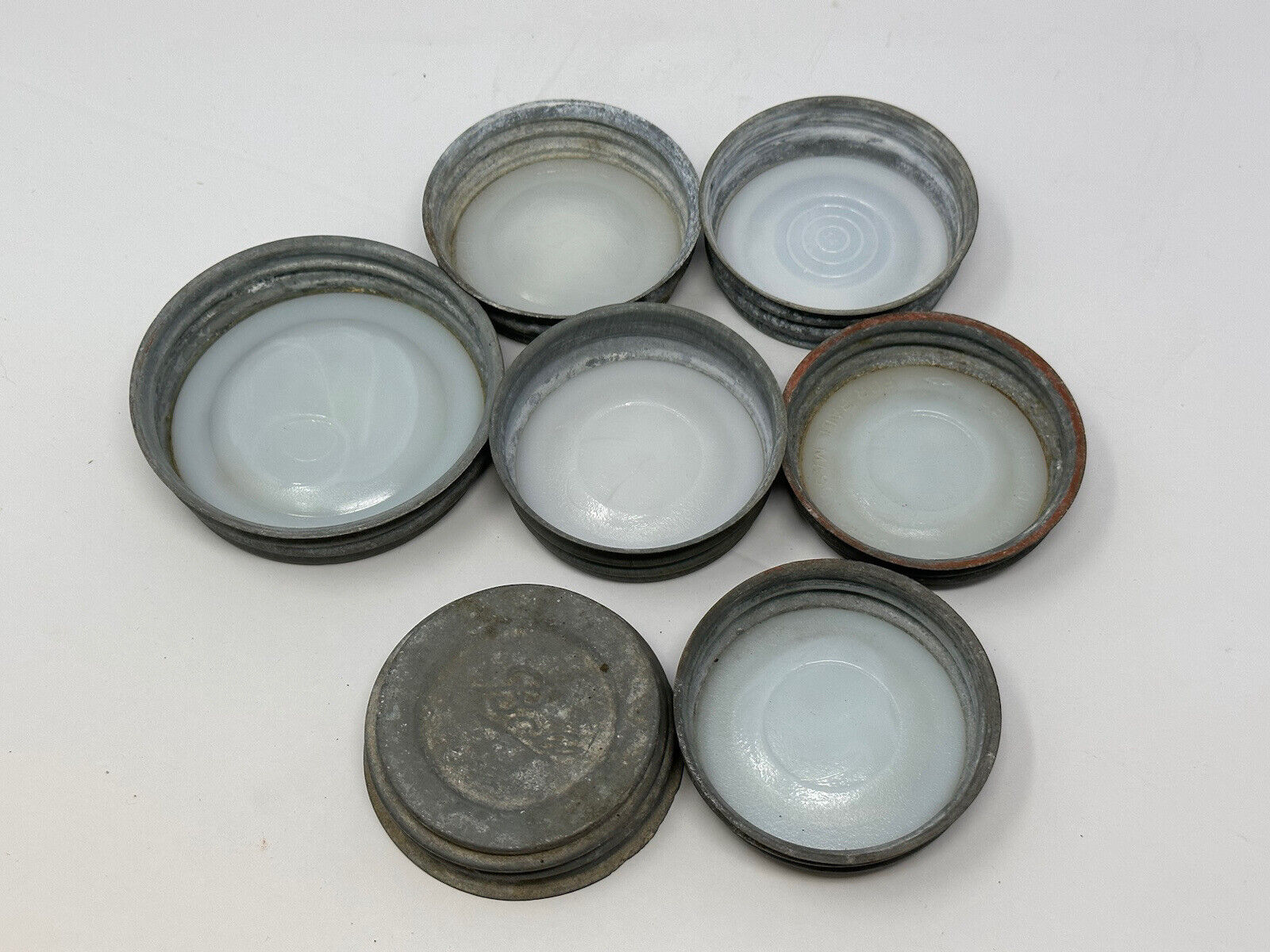 Lot of 7 Vintage Ball Canning Regular Jar Zinc Lids Caps Porcelain Glass Liners