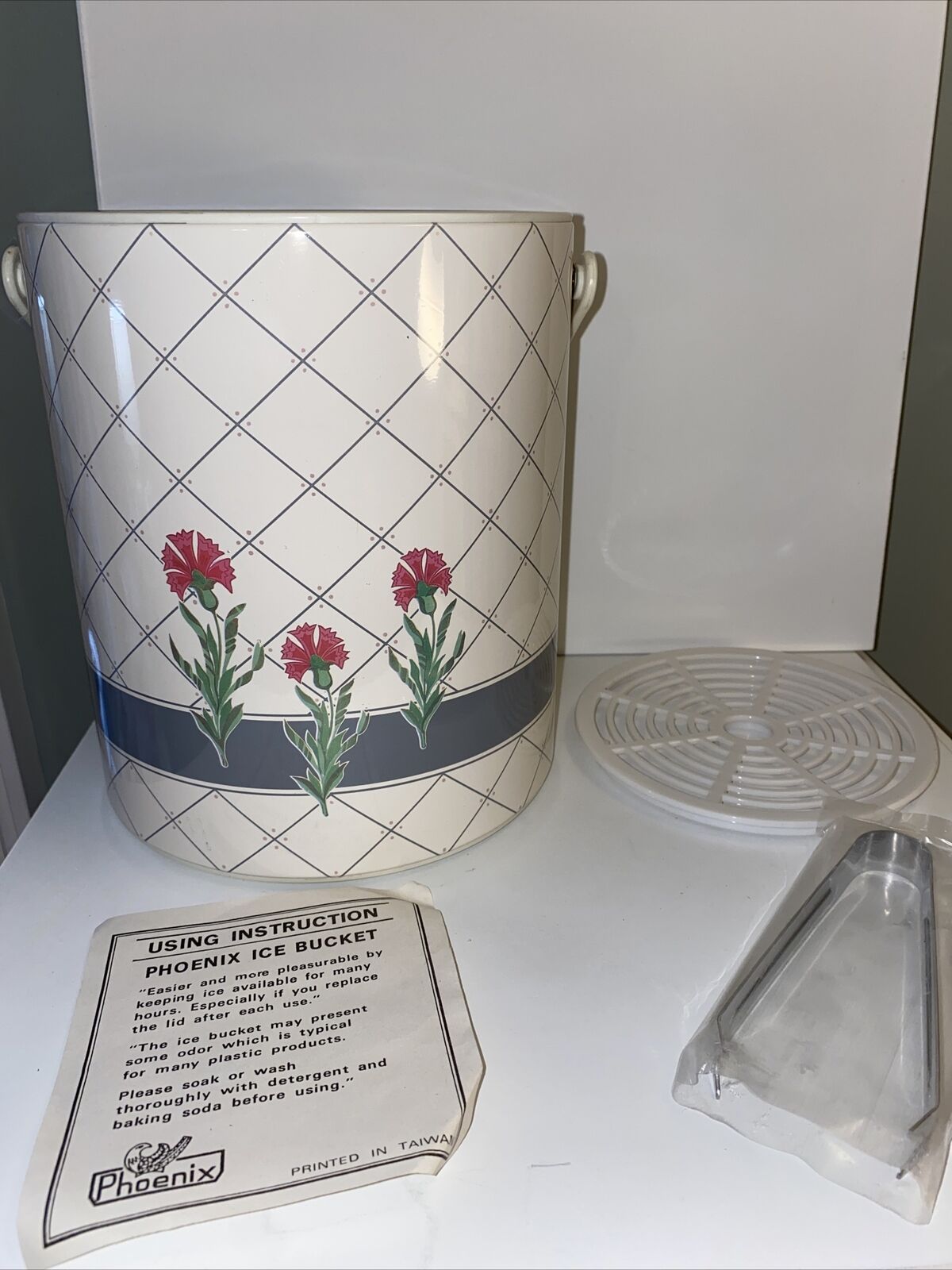 Vintage 1980s Phoenix Ice Bucket W Flowers And Diamond Pattern Lid & Tongs