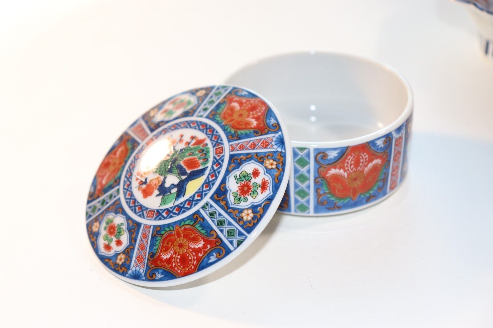 Vintage Takahashi Trinket Dish Bowl w/ Lid Japan Made Porcelain Red Blue & Gold