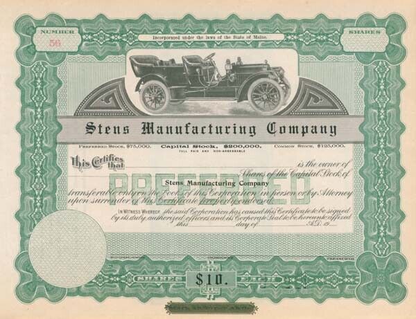Stens Manufacturing Co. - Stock Certificate - Automotive Stocks