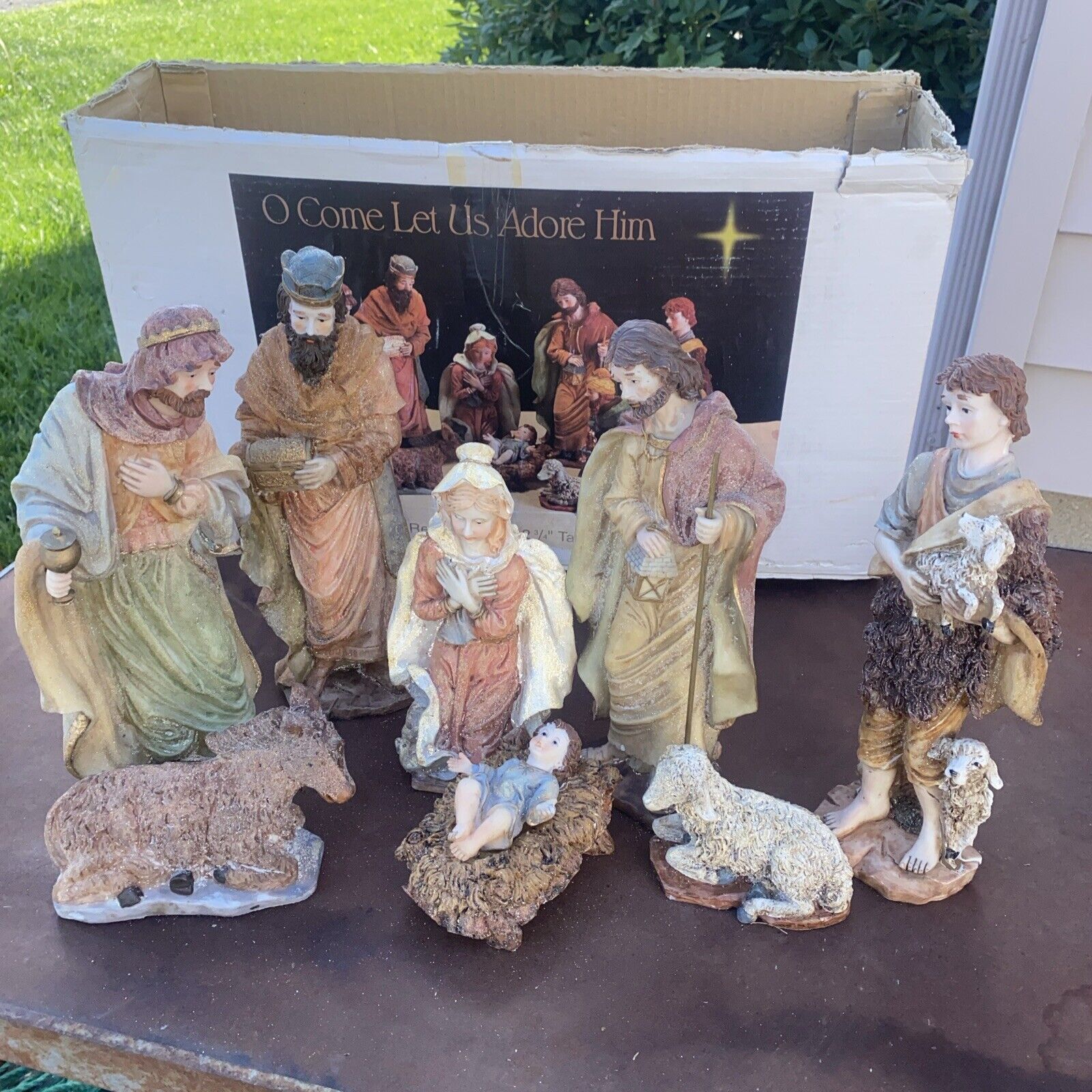 Vintage Dicksons 9 Piece Nativity Set Resin Missing The Ox ORIG BOX 1990