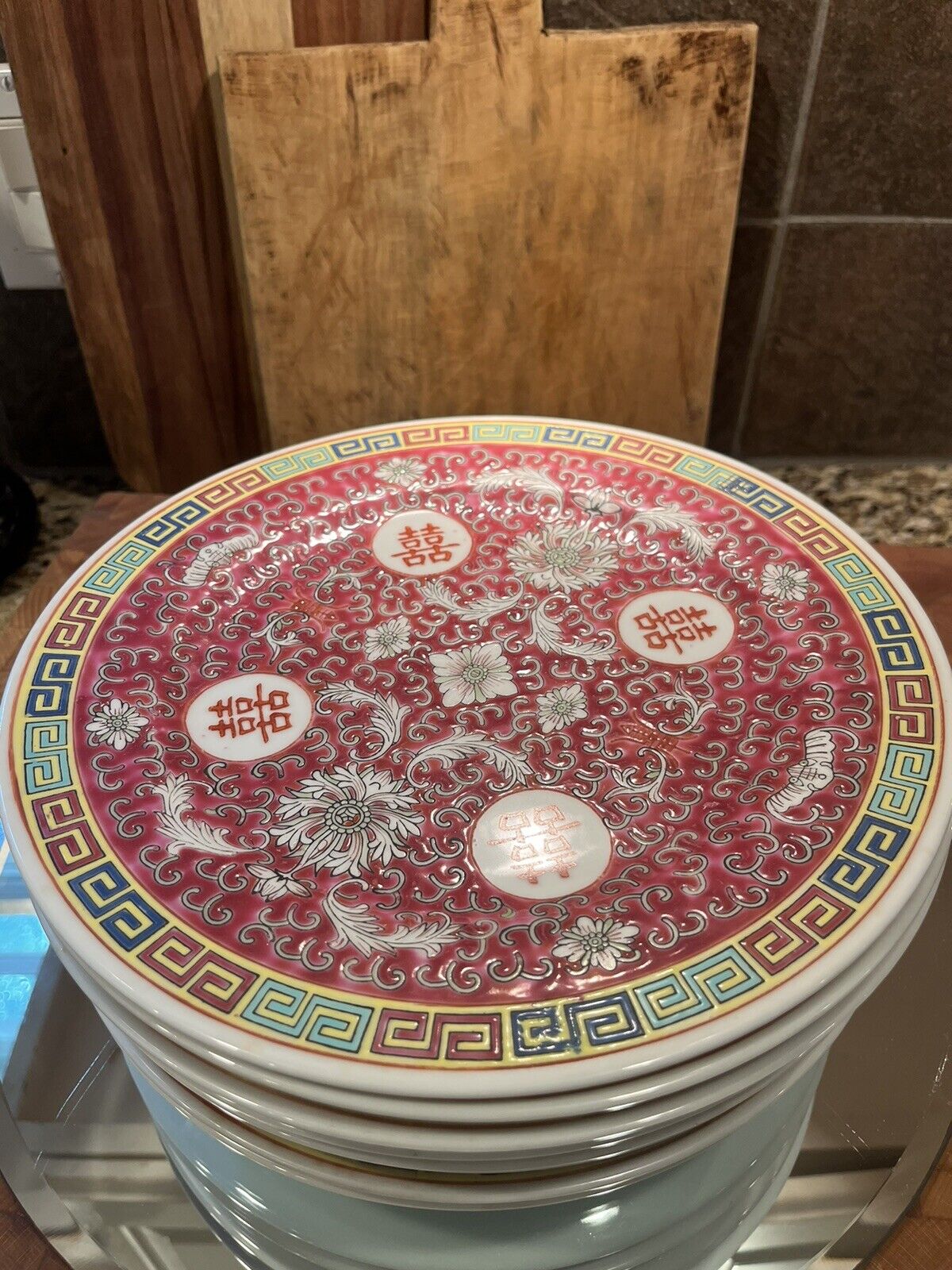 Chinese Mun Shou Porcelain - Set of 9 Dinner Plates 10” Longevity Famille Rose