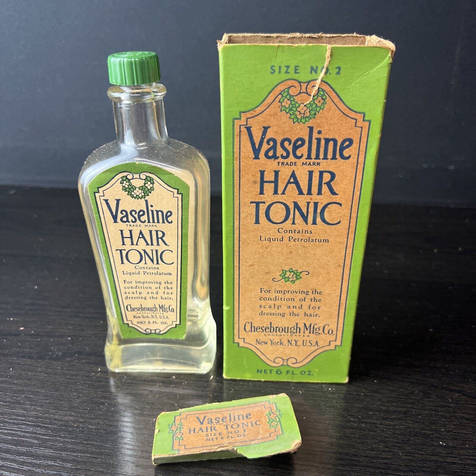 Vaseline Hair Tonic Glass Bottle Chesebrough Mfg. Co. New York USA 1943 With Box