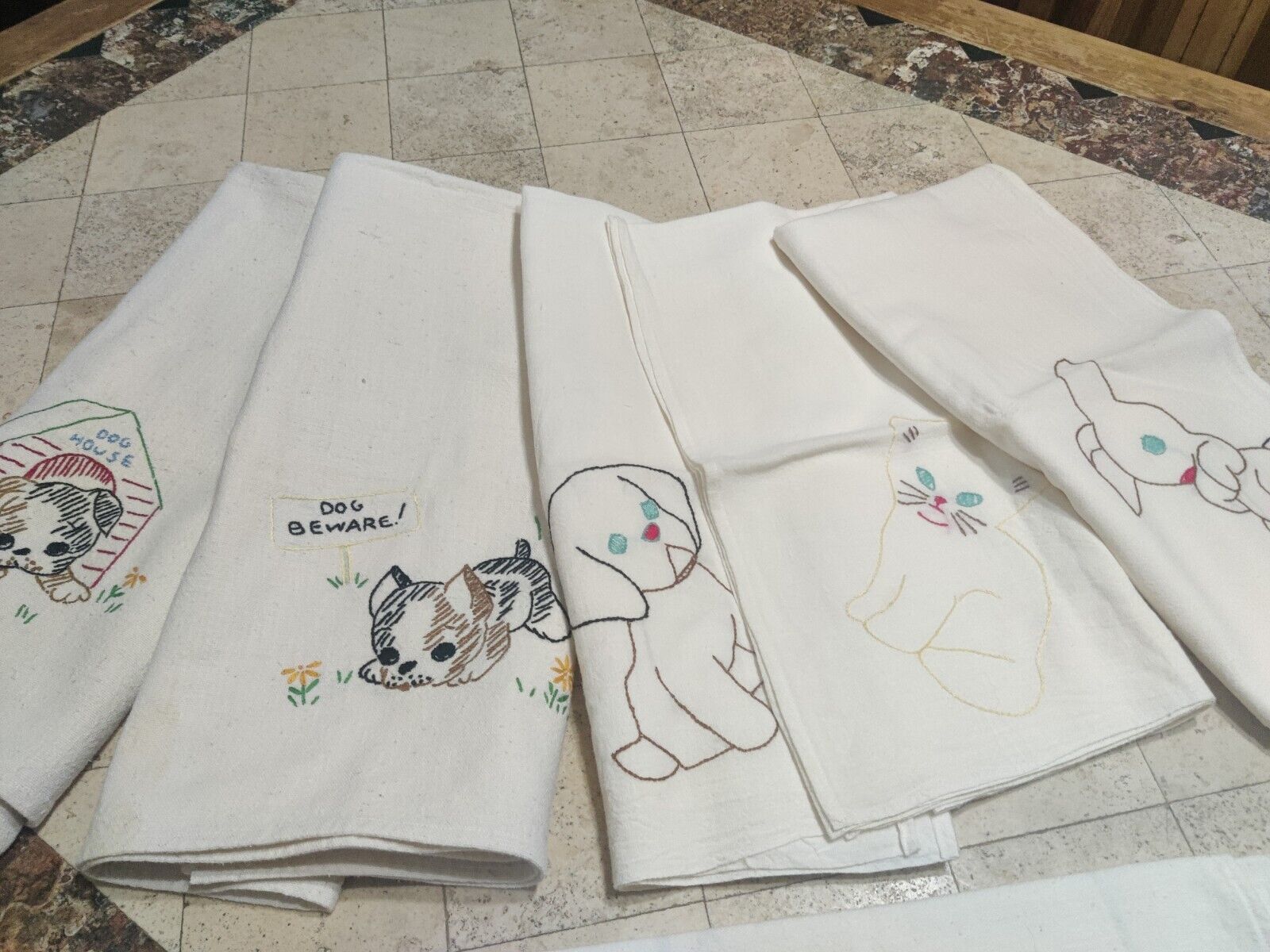 Lot Of 6 Vintage Feedback Tea Towels Embroidered Puppy Kitten Bunny Real...
