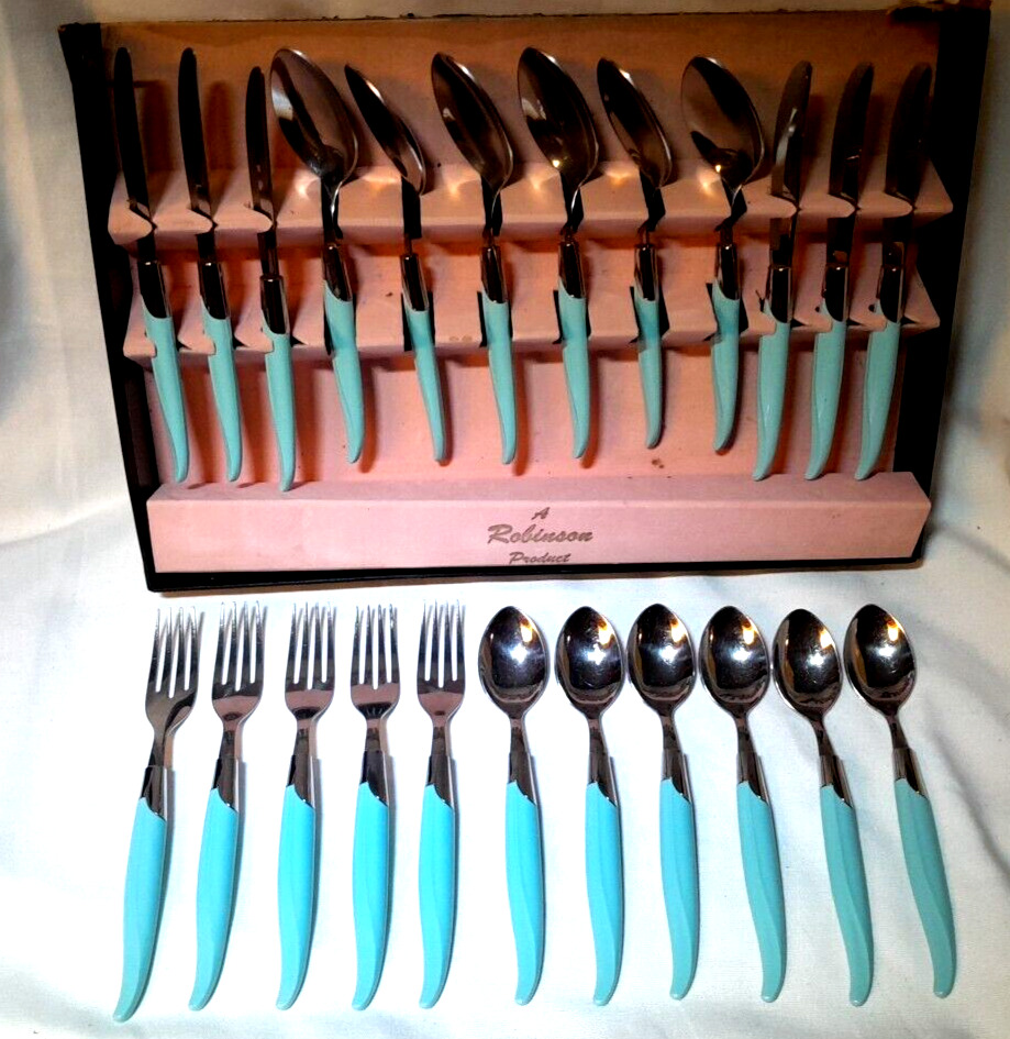 Vintage 1950's Robinson Stainless Steel Flatware TEAL Handle 23pc Set in Box-USA
