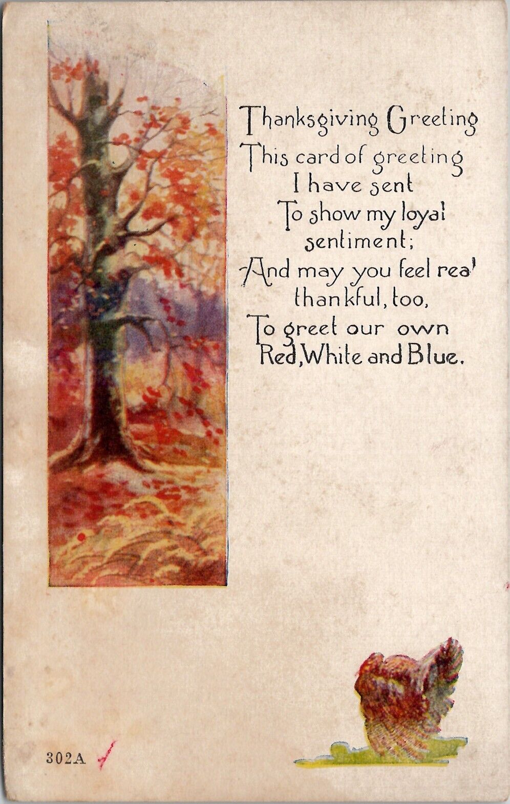 Thanksgiving Poem Greetings Fall Foilage Tree Turkey Postcard W16