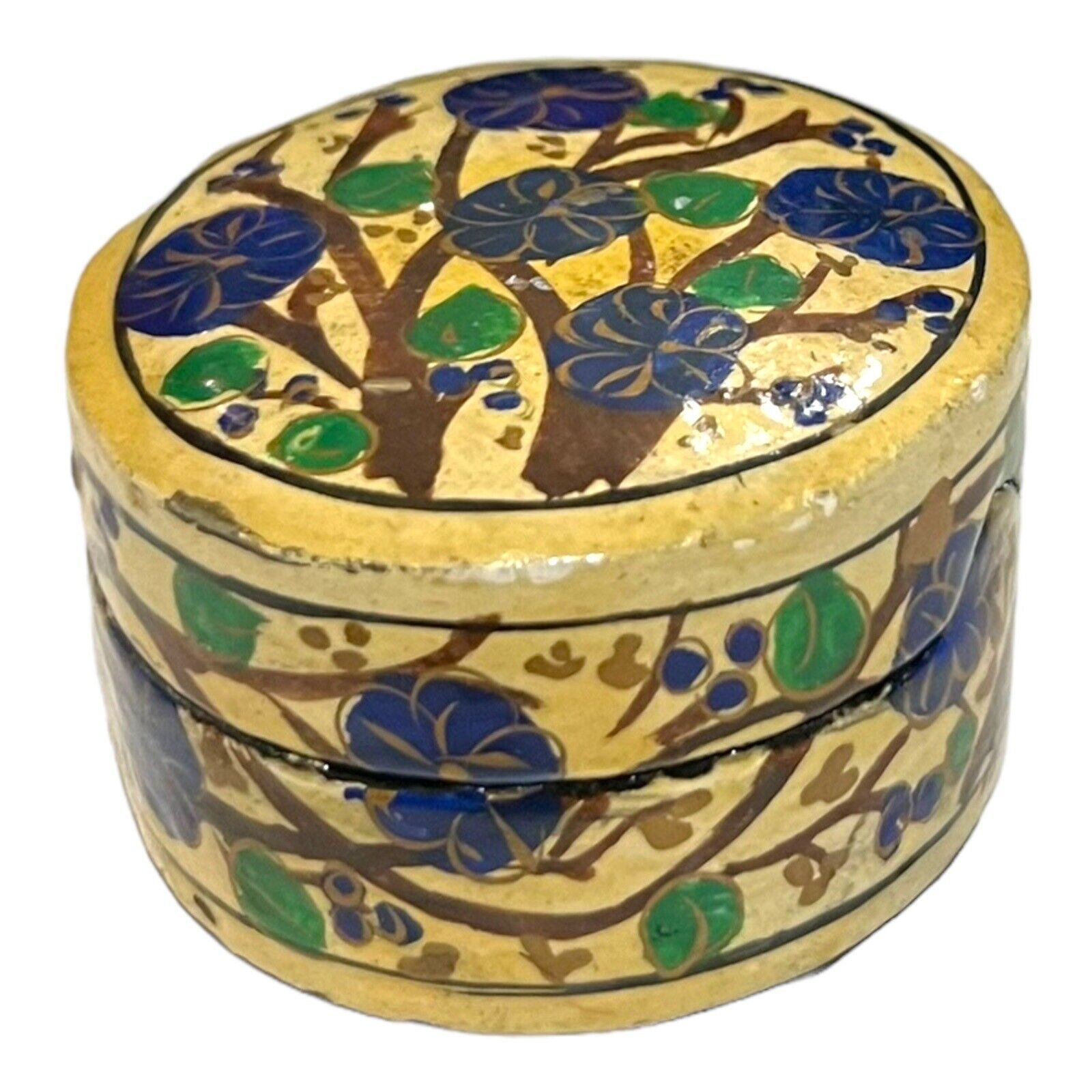Vintage Paper Mache Round Trinket Jewelry Box Hand Painted Floral Lacquer Finish