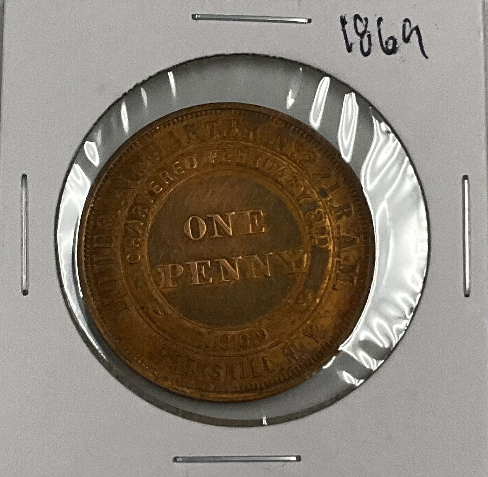 1869 Masonic Token Peeks Kill NY One Penny Uncirculated 