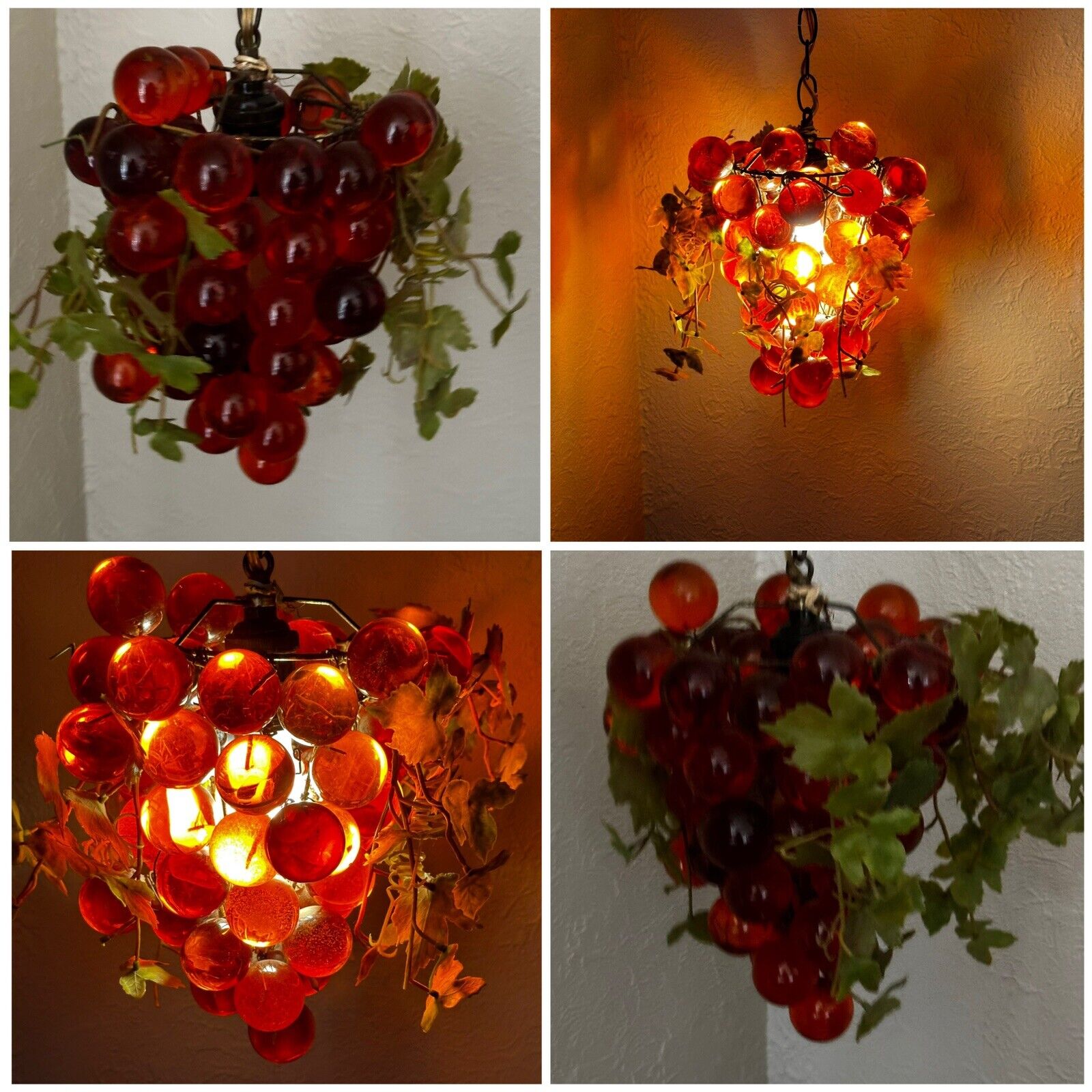 Vintage MCM 60s Hanging Swag Lamp of Lucite Grapes- Orange/Red Cluster