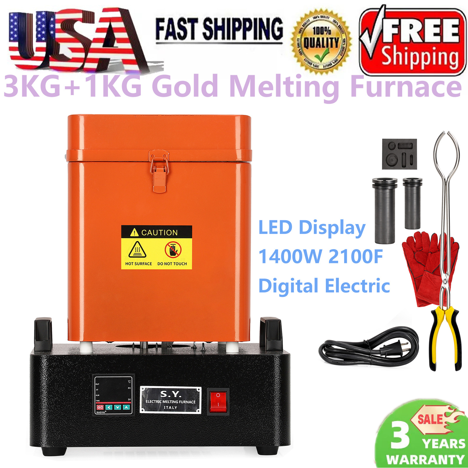 3KG+1KG Gold Melting Furnace 1400W 2100F LED Display Digital Electric Smelting
