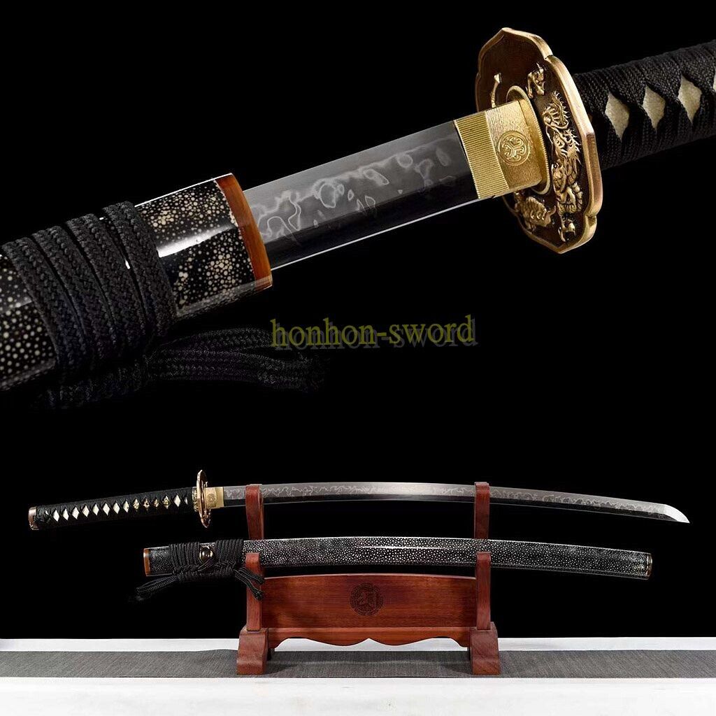 T10 Clay Temper Katana Japanese Samurai Hitatsura Sword Full Black Rayskin Saya