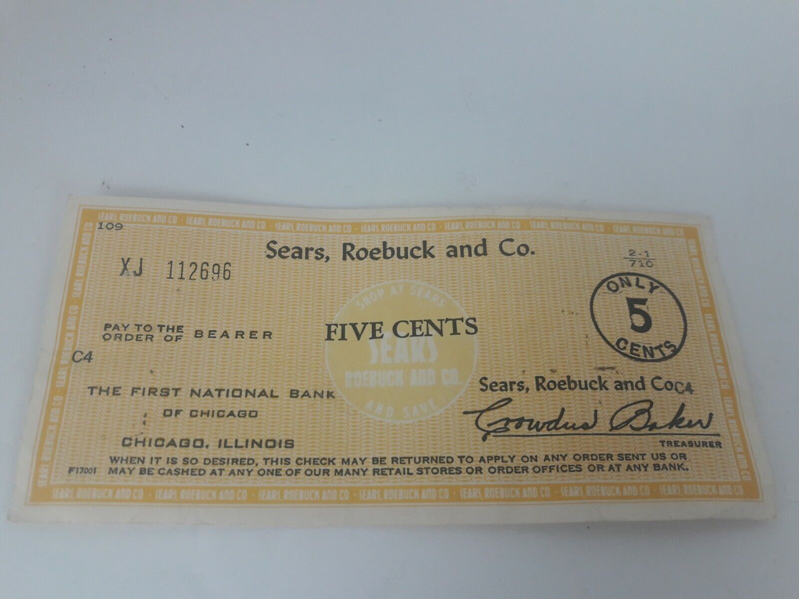 Vintage Sears Roebuck and Co 5 Cent Uncashed Check 