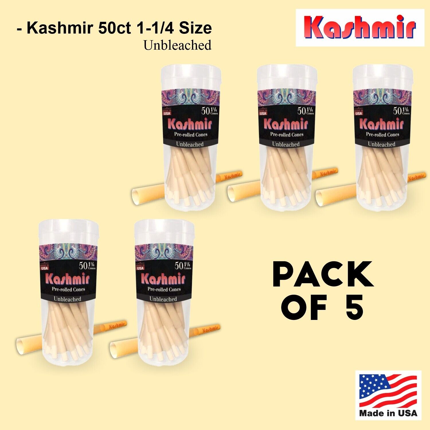 Kashmir Pre Rolled Cones Unbleached Rolling Paper 1-1/4 Size 50 Ct Jar - 5 Jars