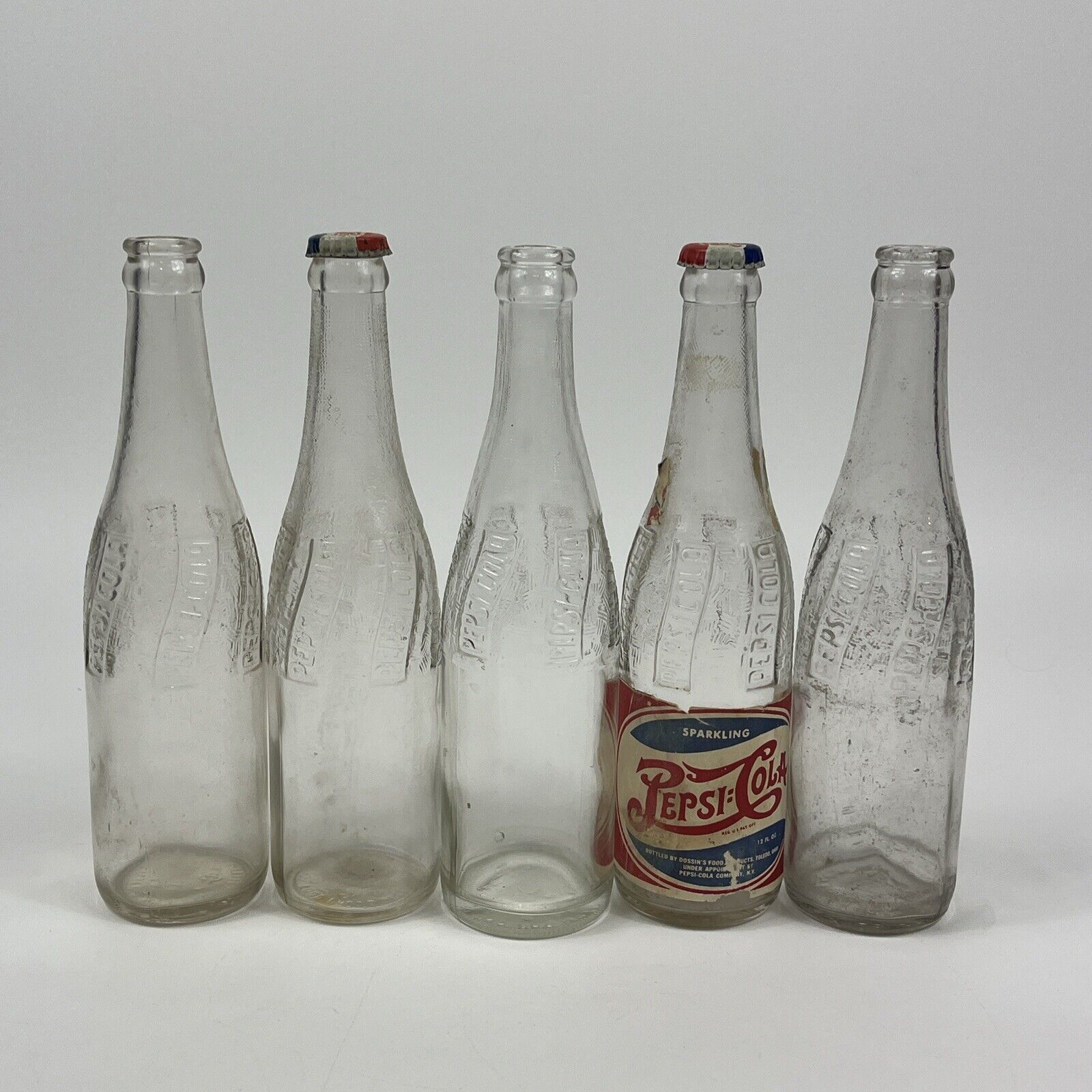 VTG PEPSI COLA 1940s Clear Embossed Vertical Wave 5 Glass Bottles DOSSIN'S FOOD