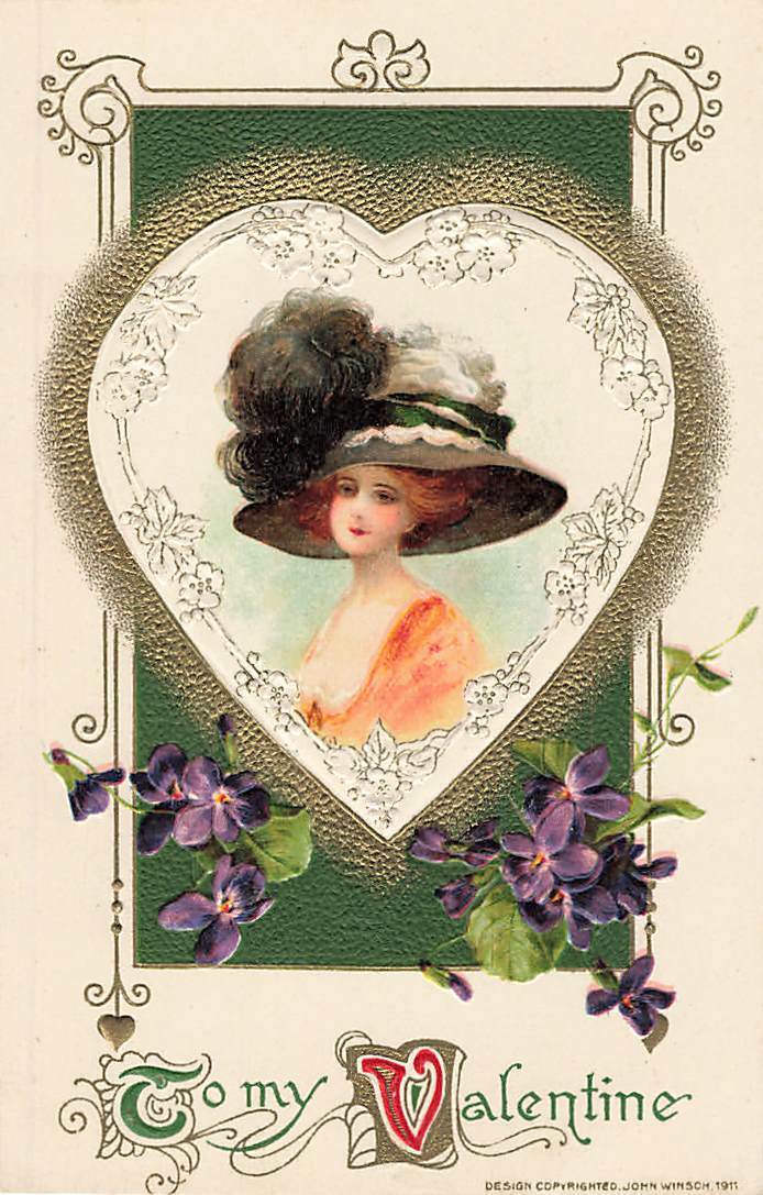 c1911 John Winsch Lovely Woman Huge Hat Orange Dress Heart Valentines Day P331