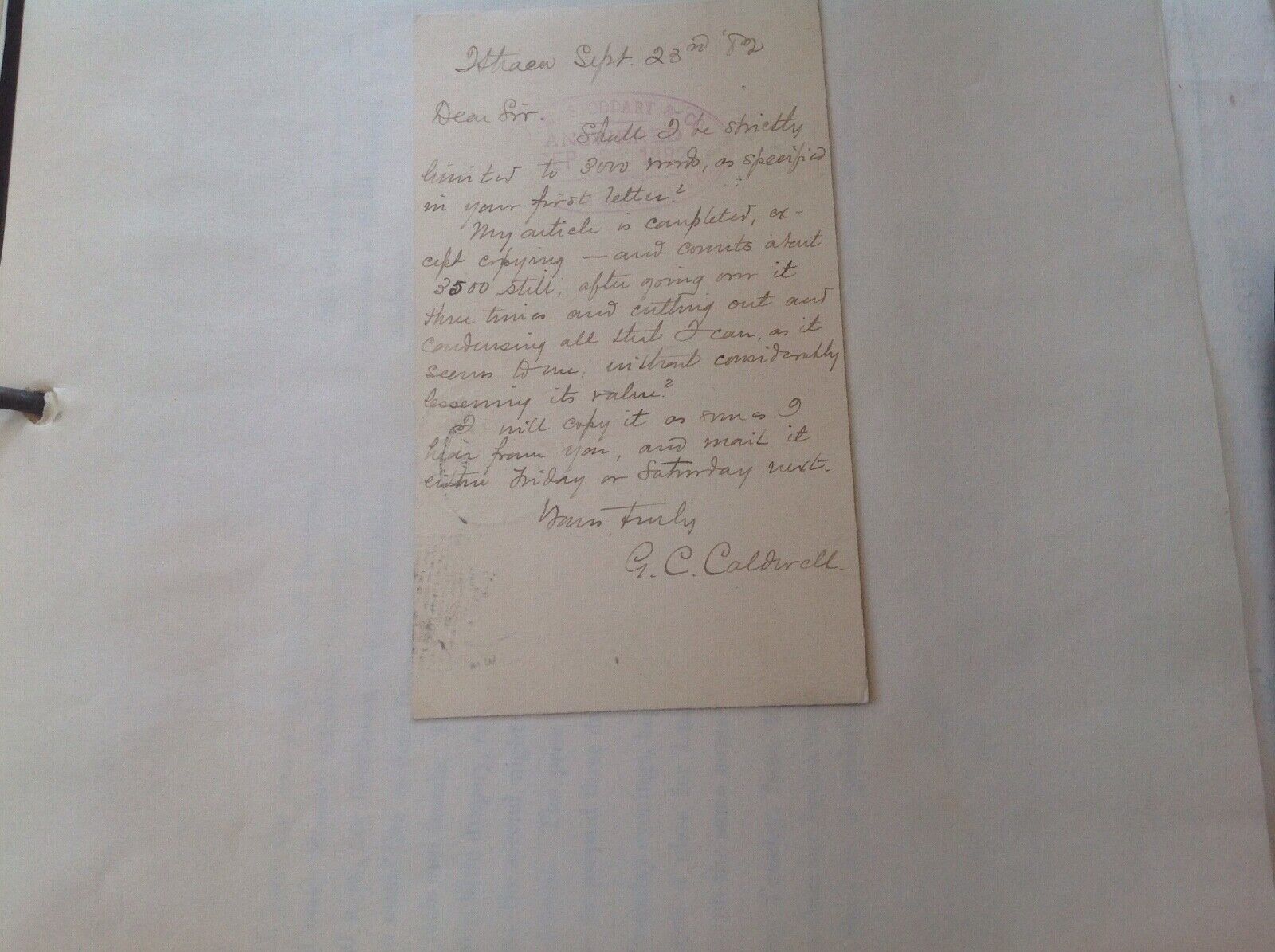 Handwritten LETTER-George Chapman Caldwell- author 1882 SIGNED Cornell 