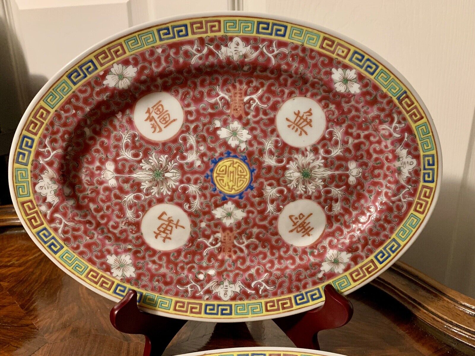 Set of 2 Chinese Mun Shou 11.5” x 8.25” Oval Longevity Red Porcelain Platters