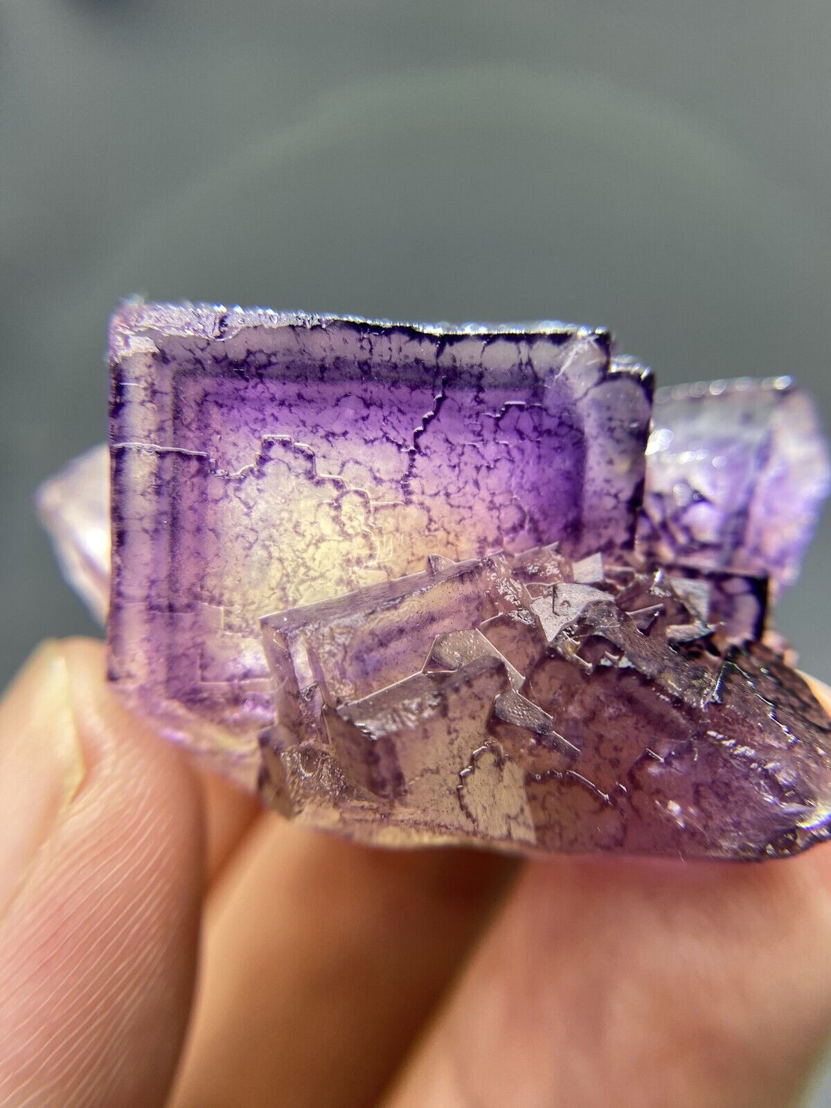 Unique natural purple pattern cubic window fluorite mineral crystal, China