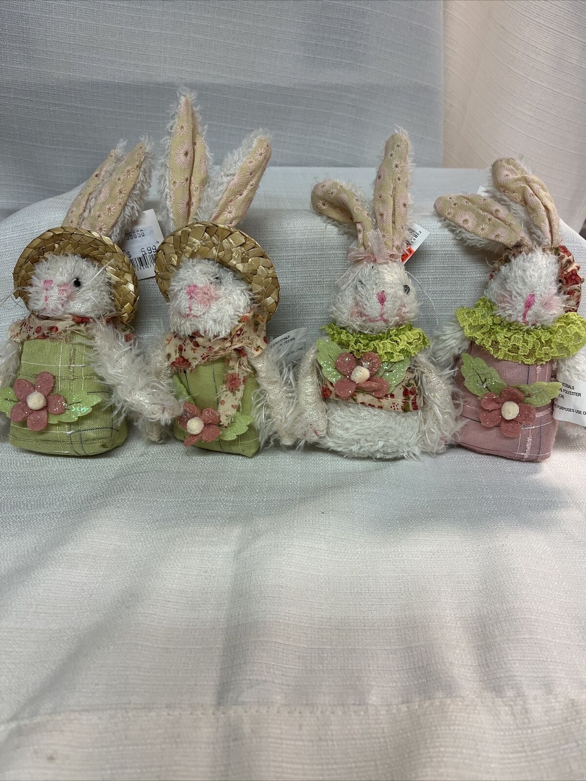 Set of Four Easter Bunnies Shabby Chic Chenille & Cloth Ornaments 5” Tall NWT