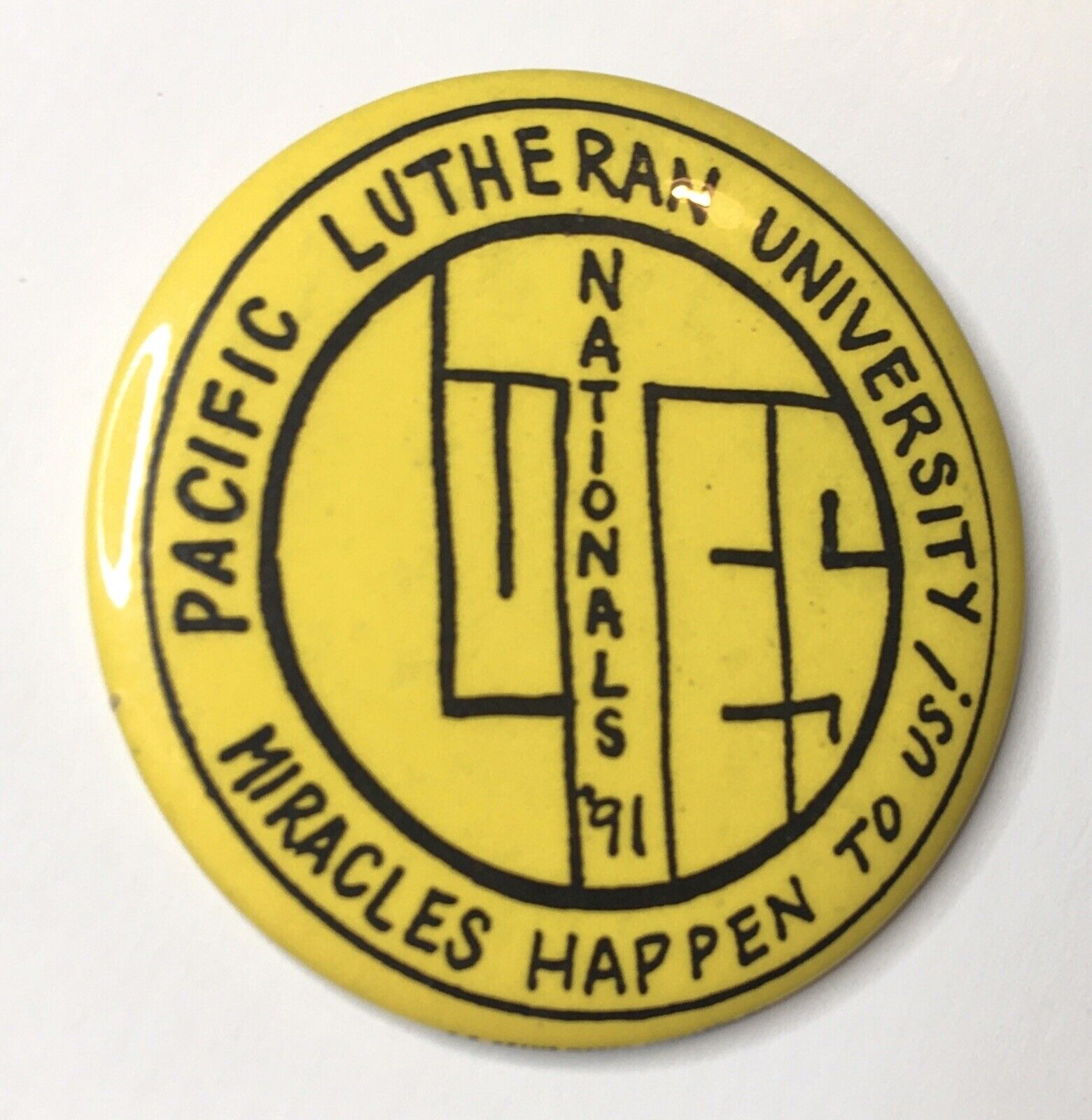 1991 Pacific Lutheran University Nationals Lg Yellow Pinback Button Washington
