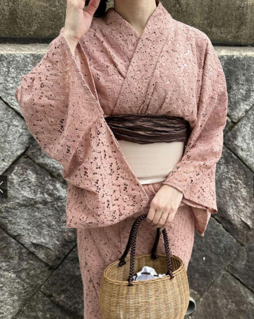 Lace Yukata Set Pink Heko Obi Adult  All Floral Pattern Retro Kimono