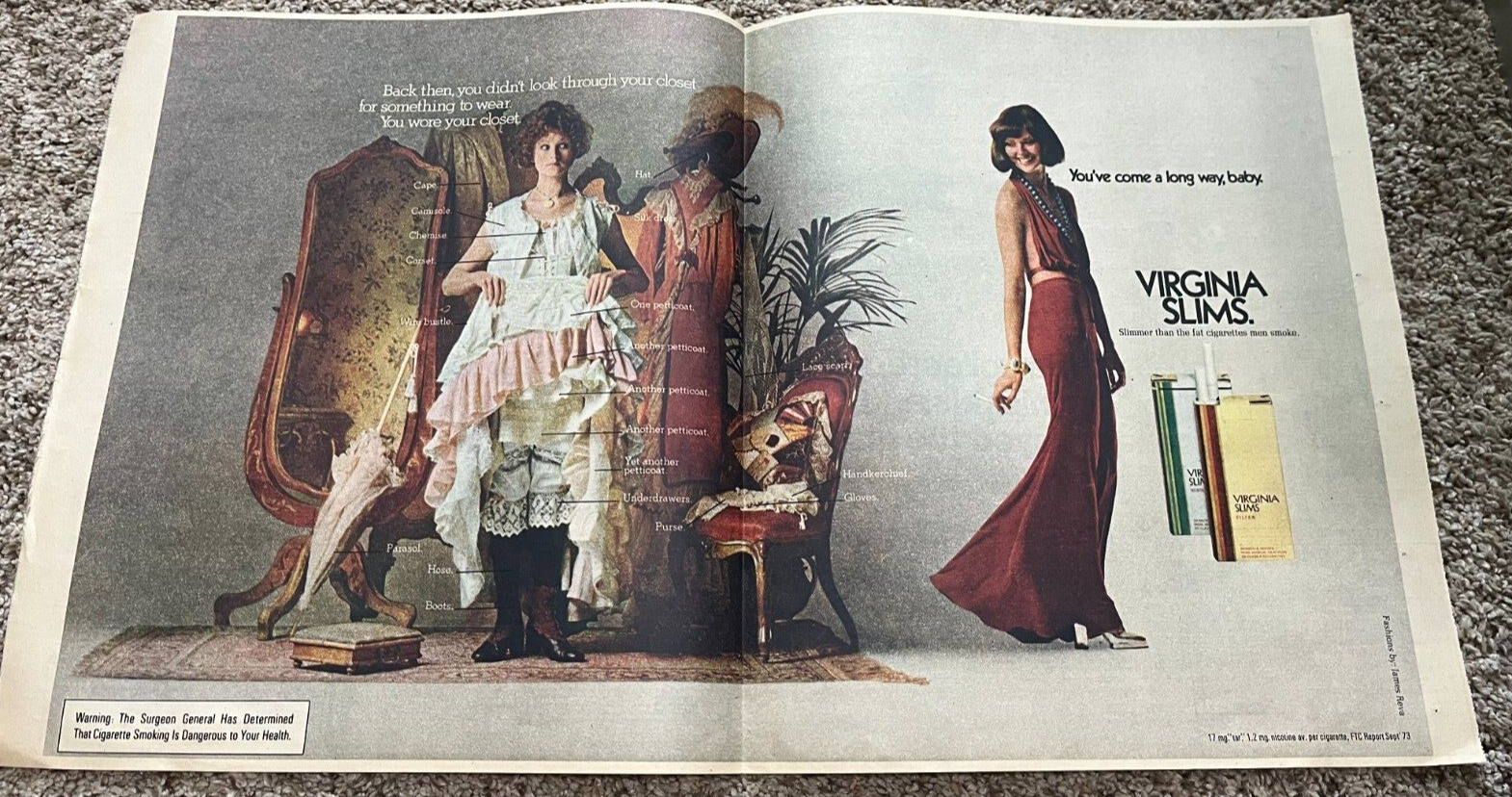 1974Virginia Slims Cigarettes 2 Page Newspaper Print Ad - Long Way Baby