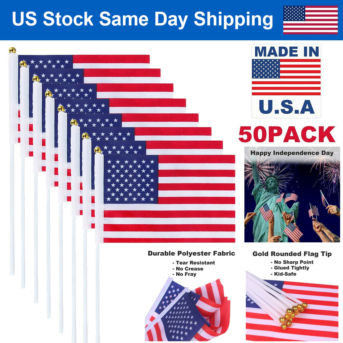 50 Pcs Small American Flags with Sticks Handheld  5
