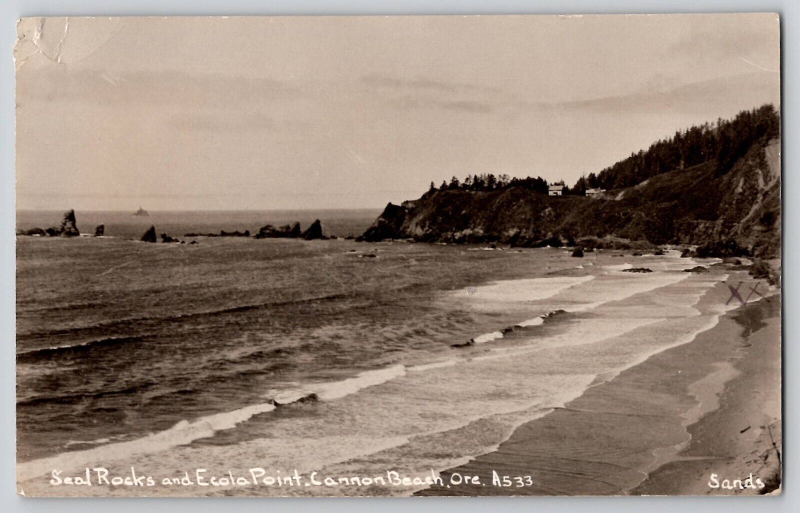 Cannon Beach OR Oregon Seal Rocks and Ecola Point RPPC Photo Postcard Sands 1927