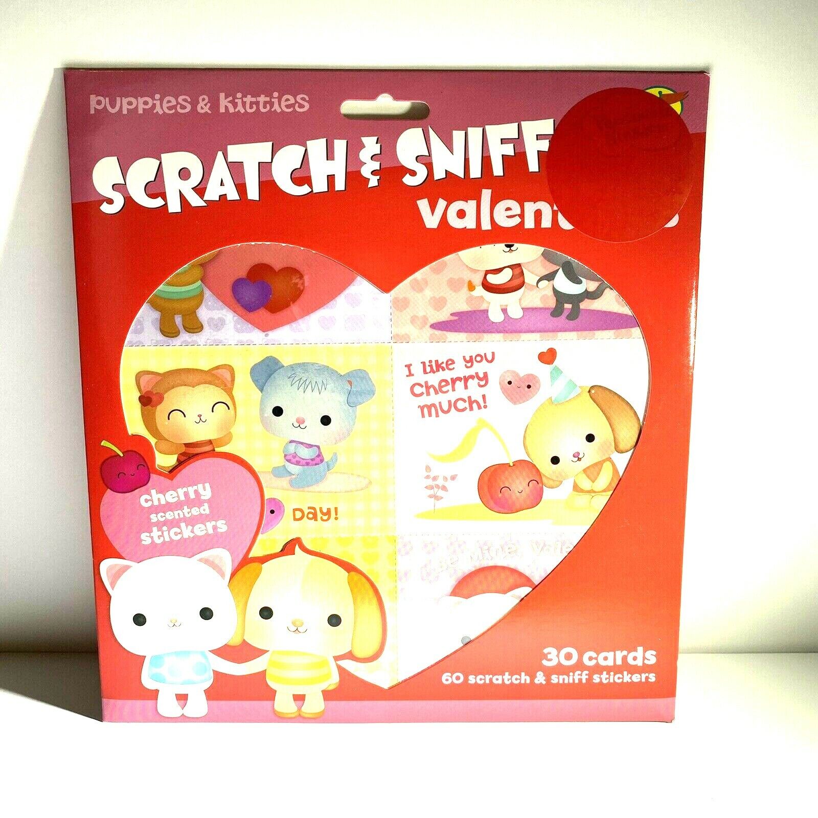 Puppies Kitties Scratch Sniff Valentines 30 Cards 60 Stickers Cherry Scent New 
