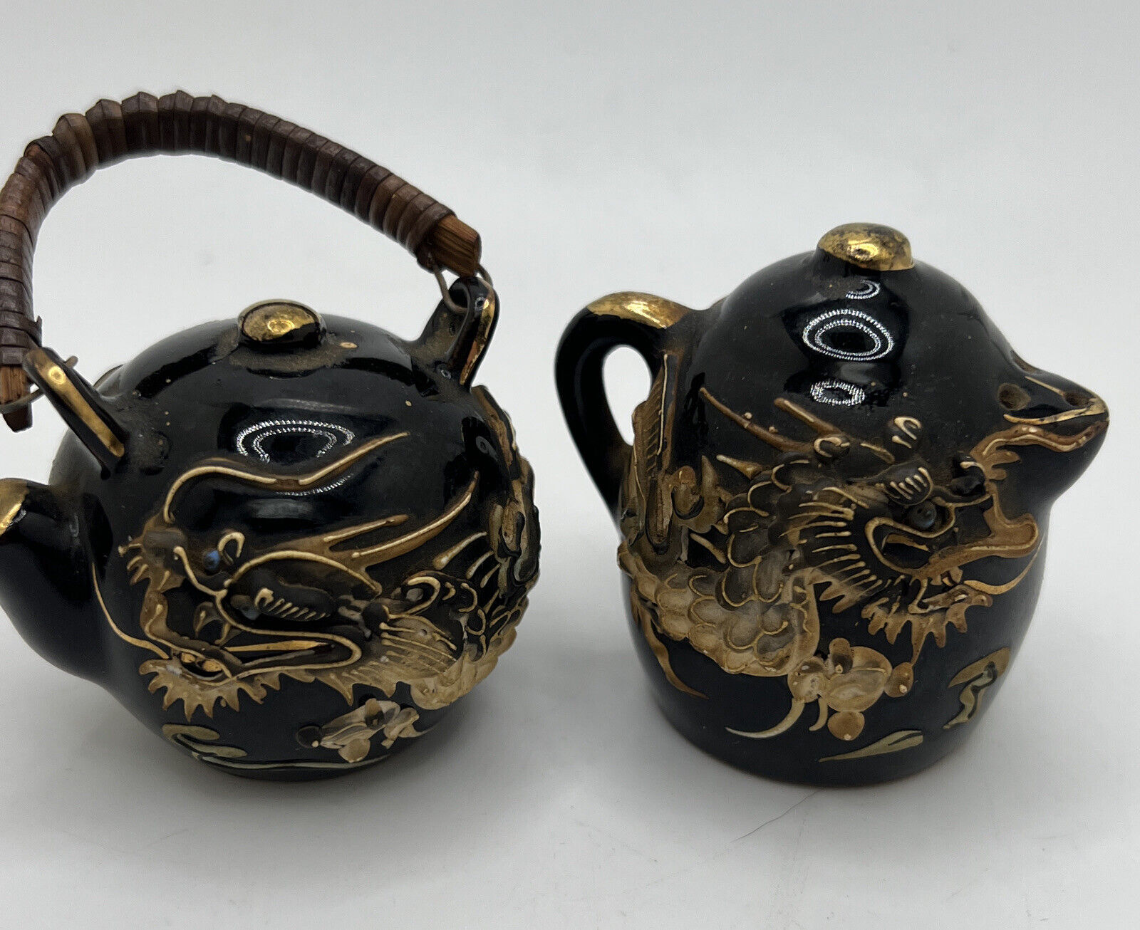 Vintage Japanese Salt Pepper Shakers Dragon Kettle Teapot Black Gold Glaze