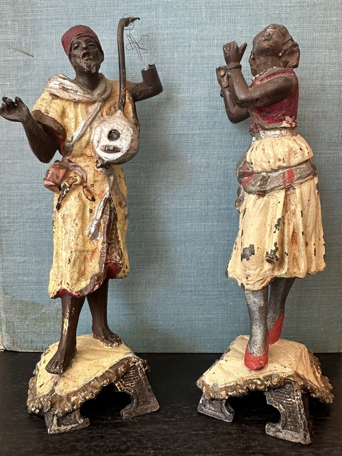 Antique 1910s Orientalist cold painted pot metal dancer musician couple statues