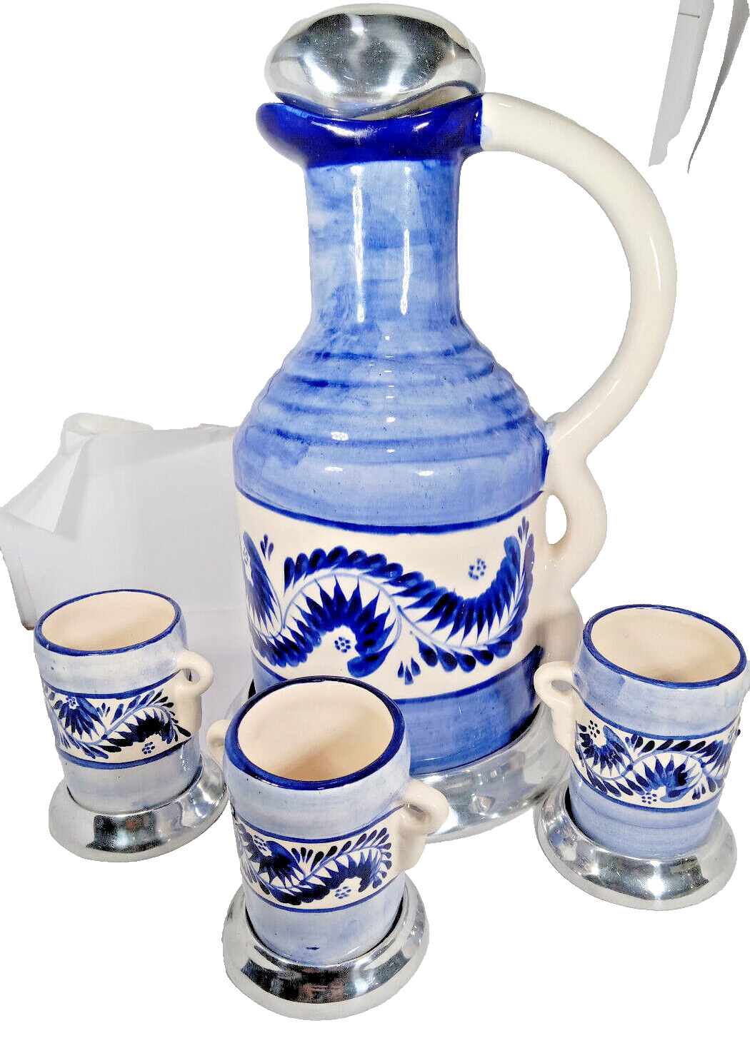 Coffee Pot Pitcher cups 5 pcs Mexico handmade vintage metal stopper Regalos blue