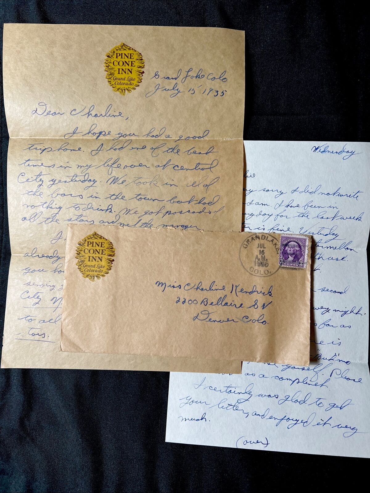 vtg 1935  Pine Cone Inn GRAND LAKE COLORADO Hotel Letterhead Letters Envelope