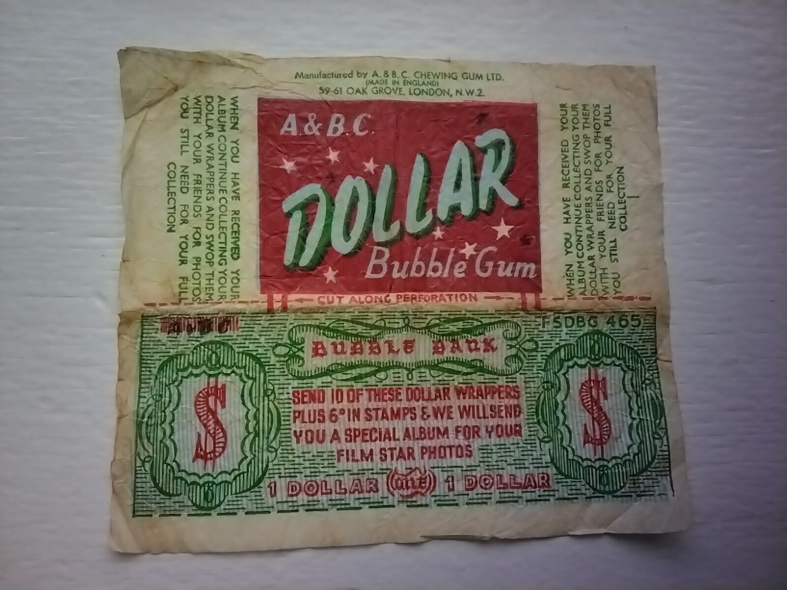 1954 A&BC Film Star Dollar Bubble Gum Wax Pack Wrapper